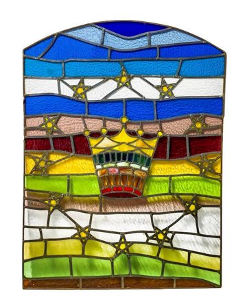 Vetrata a piombo con vetri cattedrale decorata con corona e stelle. H cm 120x88. Domenico Girbino (Bronte 1935- Catania 