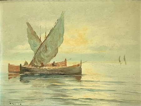 Raimondo Scoppa(1820-1890). Dipinto ad olio su masonite raffigurante paesaggio fluviale con barche. Mm 240x315, in