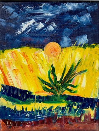 Dipinto ad olio su tela firmato M. Marino, raffigurante agave e campo di grano. Cm 60x50