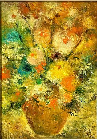 Dipinto ad olio su tela raffigurante vaso con fiori, firmato Mai. Cm 70x50
