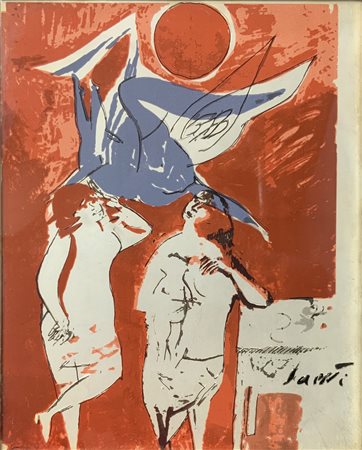 Litografia su lamina dâ€™argento, Bruno Saetti raffigurante â€œColloquio con lâ€™angeloâ€ (1902-1984). N 194/300. Cm 26