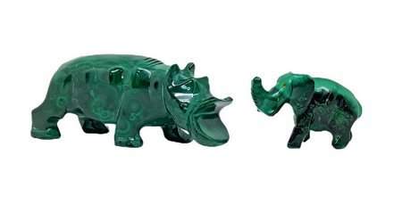 Statuette raffiguranti ippopotamo ed elefante in malachite. Ippopotamo cm 5x12, elefante cm 4x6,5