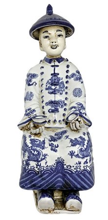 Statuetta di personaggio cinese con ciotole nei colori del bianco e del blu , H cm 26