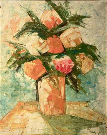 Dipinto ad olio su tela raffigurante vaso con fiori. Firmato in basso a destra C. Brancato (Corrado Brancato, Pachino 19