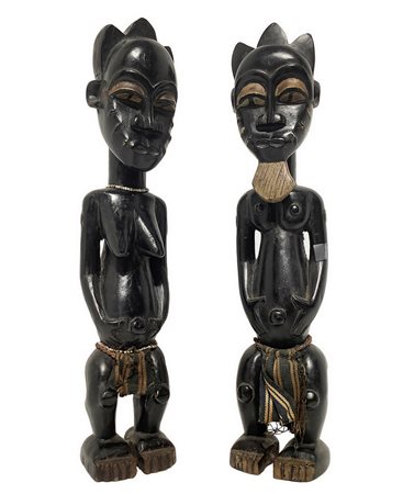 Coppia di statue BaulÃ¨, Costa Dâ€™Avorio, metÃ  XX secolo. H cm 53(uomo) cm 51 (donna)