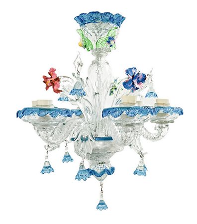 Lampadario Murano in vetro trasparente e colorato nei toni dellâ€™azzurro. Primi XX secolo, cm 40 di altezza.