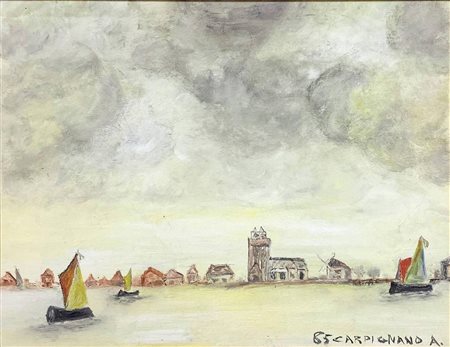 Olio su cartone telato raffigurante paesaggio veneziano, firmato in basso a destra 85 Carpignano A. Cm 35x44,5, in corni