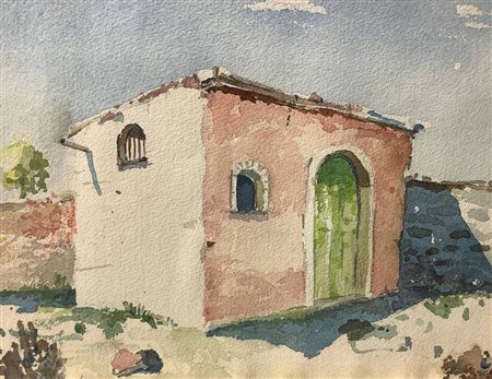 Acquerello su carta raffigurante casa delle Isole Eolie. Lily Giachery (Inghilterra 1907 - Taormina 1994). Cm 29x30,5. I
