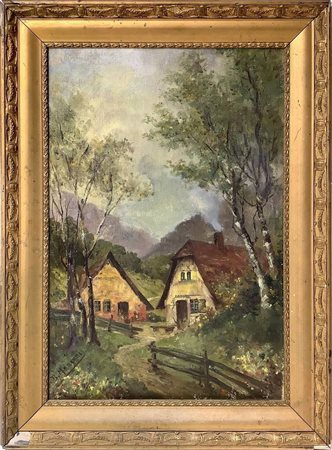 Dipinto ad olio su tela con paesaggi e case, fine XIX secolo. Firmato in basso a sinistra. B.Manzoni.