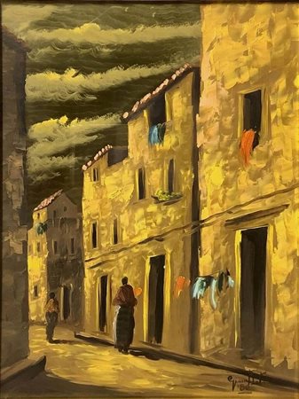 Olio su ottone raffigurante paesaggio â€œScorcio di caseâ€ firmato e datato in basso a destra Giambeti â€™80. Cm 45x33 