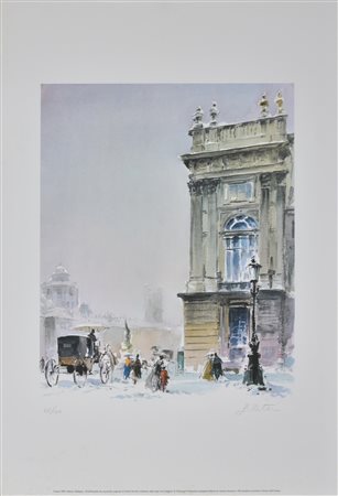 Guido Bertello NEVICATA IN PIAZZA CASTELLO fotolitografia su carta, cm 70x50;...