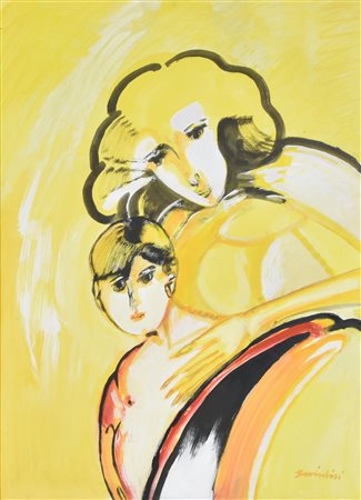 Remo Brindisi MATERNITA' tempera su carta applicata su tela, cm 70x50 firma...