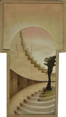 Cesare Paolantonio ALBERO NELLA PIAZZA A SCALE olio su tela, cm 43x24x19...