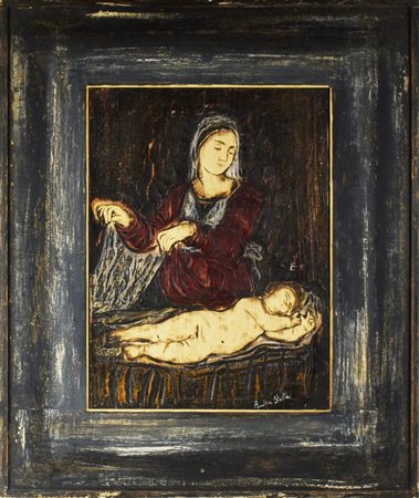 Andrea Stella MADONNA CON BAMBINO bassorilievo su legno, cm 40x30 firma sul...