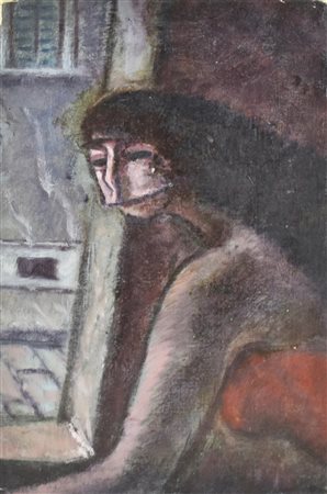 Enrico Allimandi RAGAZZA CON BAUTA olio su cartone telato, cm 43x28 eseguito...