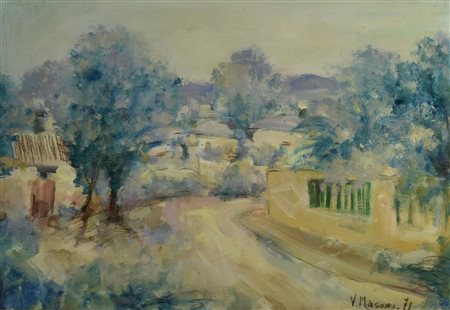 Vinicio Masoni PAESAGGIO olio su masonite, cm 40x60 firma e data sul retro:...