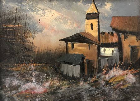 Scuola del XX secolo VEDUTA DI PAESE olio su faesite, cm 18,5x24