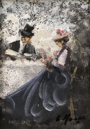 Ignoto SCENA GALANTE olio su compensato, cm 18x13 firma non leggibile Tracce...