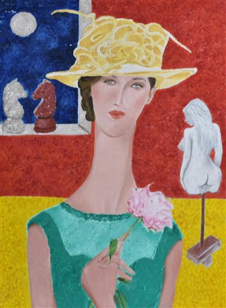 Francesco Fasano LA DONNA COL CAPPELLO GIALLO acrilico su cartone, cm 42x30...