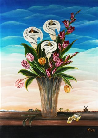 Midea VASO DI FIORI olio su tela, cm 100x70 firma