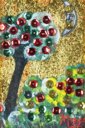 Midea UN QUARTO DI LUNA olio su sughero e foglia d'oro con paillettes, cm...