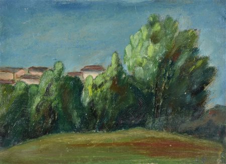 Lina Bellini PAESAGGIO olio su cartone, cm 17x23 sigla sul retro: firmato e...