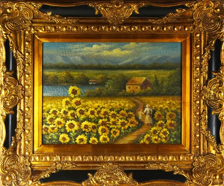 Ignoto CAMPO DI GIRASOLI olio su tela, cm 34x44 firma