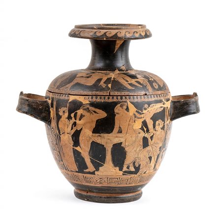 GRANDE PISSIDE SKYPHOIDE PROTO-LUCANA A FIGURE ROSSE
Attribuibile all’officina dei Pittori di Dolone e di Creusa, prima metà del IV secolo a.C.