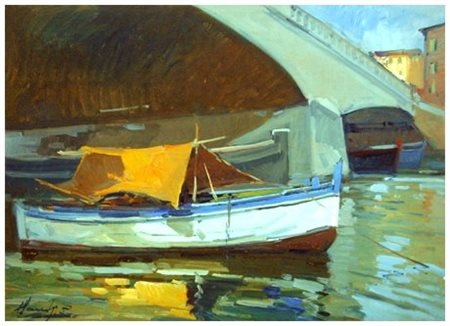 PIERO MARCHI Borgo San Lorenzo 1917 Sotto il ponte Olio su faesite 35 x 50....
