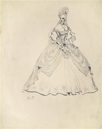 Ignoto STUDIO PER ABITO FEMMINILE matita e china su carta, cm 23x18 sigla...