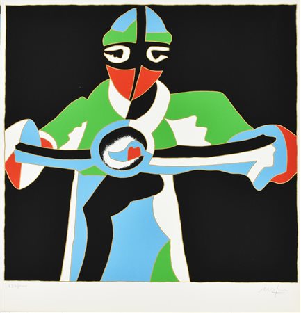 Ugo Nespolo IL MOTOCICLISTA serigrafia su carta, cm 54x50; es. 693/1000 firma