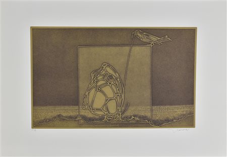 Francesco Casorati FARFALLA E UCCELLO incisione su carta, battuta cm 32x49,...