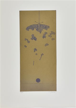 Francesco Casorati FARFALLA APPESA incisione su carta, battuta cm 50x22, su...