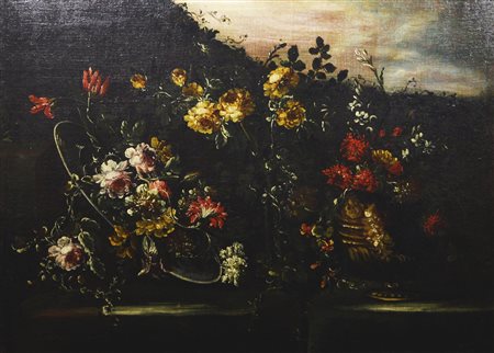 Elisabetta Marchioni VASO DI FIORI ALL'APERTO CON PIATTO RIVERSO olio su...