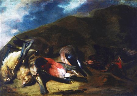 Scuola Italiana del XVII secolo NATURA MORTA CON CACCIAGIONE olio su tavola,...