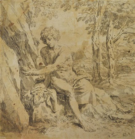 Simone Cantarini SAN GIOVANNI BATTISTA NEL DESERTO acquaforte, foglio cm...