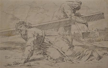 Simone Cantarini CRISTO CADUTO SOTTO LA CROCE acquaforte, foglio cm 12x19,2...