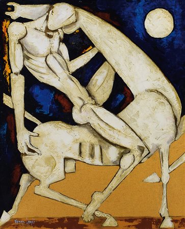 BRUNO LANDI Roma 23/03/1941 Cavaliere, 2008 olio su tela cm. 50x40, firma in...