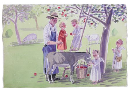 JAN KNAP Chrudimi (Cecoslovacchia) 1949 Raccolta delle mele con gli angeli,...