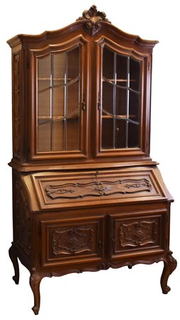 MOBILE SCRITTOIO A RIBALTA CON VETRINA in legno scolpito di gusto neobarocco...