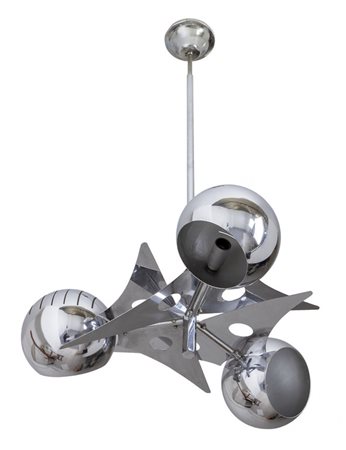  UNA LAMPADA A SOSPENSIONE, anni '60. <br>Acciaio 