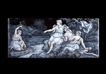 Manifattura di Limoges, secolo XVIII. Placca smaltata raffigurante Diana con an