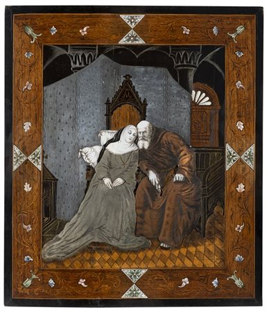 Intarsiatore del secolo XIX "San Francesco e Santa Chiara in un interno" compos
