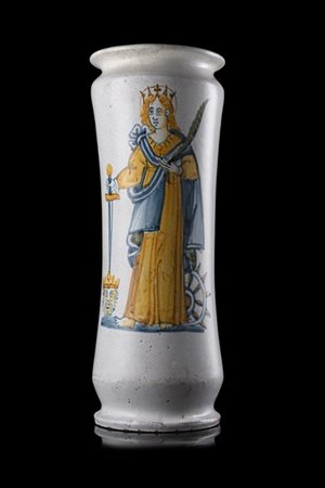 Albarello farmaceutico compendiario con dipinta a tutta altezza Santa Caterina