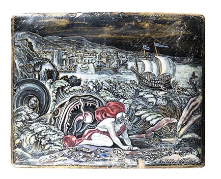 Manifattura di Limoges, secolo XVII "Giona e la balena" placca smaltata (cm 12x