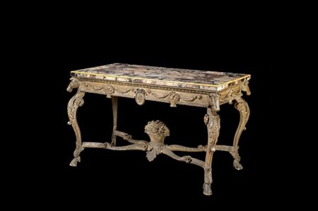 Tavolo da parete in legno laccato e intagliato, fascia a motivo concatenato dec