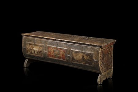 Cassone nuziale con fronte tripartito e pannellato dipinto in policromia a putt