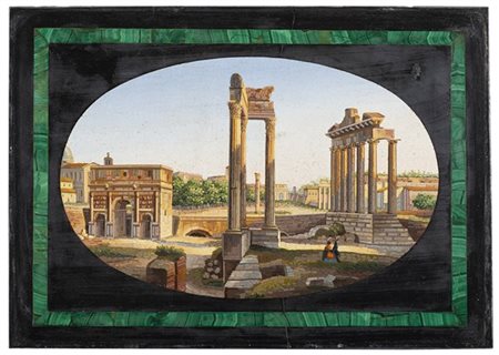 Arte romana, secolo XIX. Micromosaico raffigurante i Fori romani, montato su ma