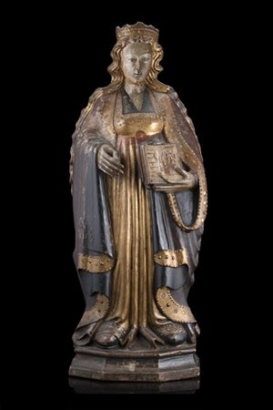 Scultura di Santa in vesti regali in legno laccato e parzialmente dorato (h. cm