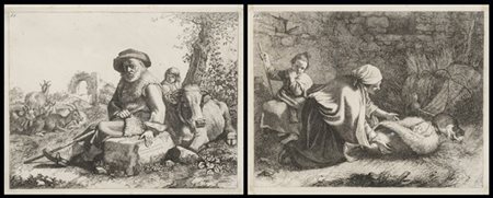 Francesco Londonio Vecchio seduto; Interno di casa: donna inginocchiata presso b